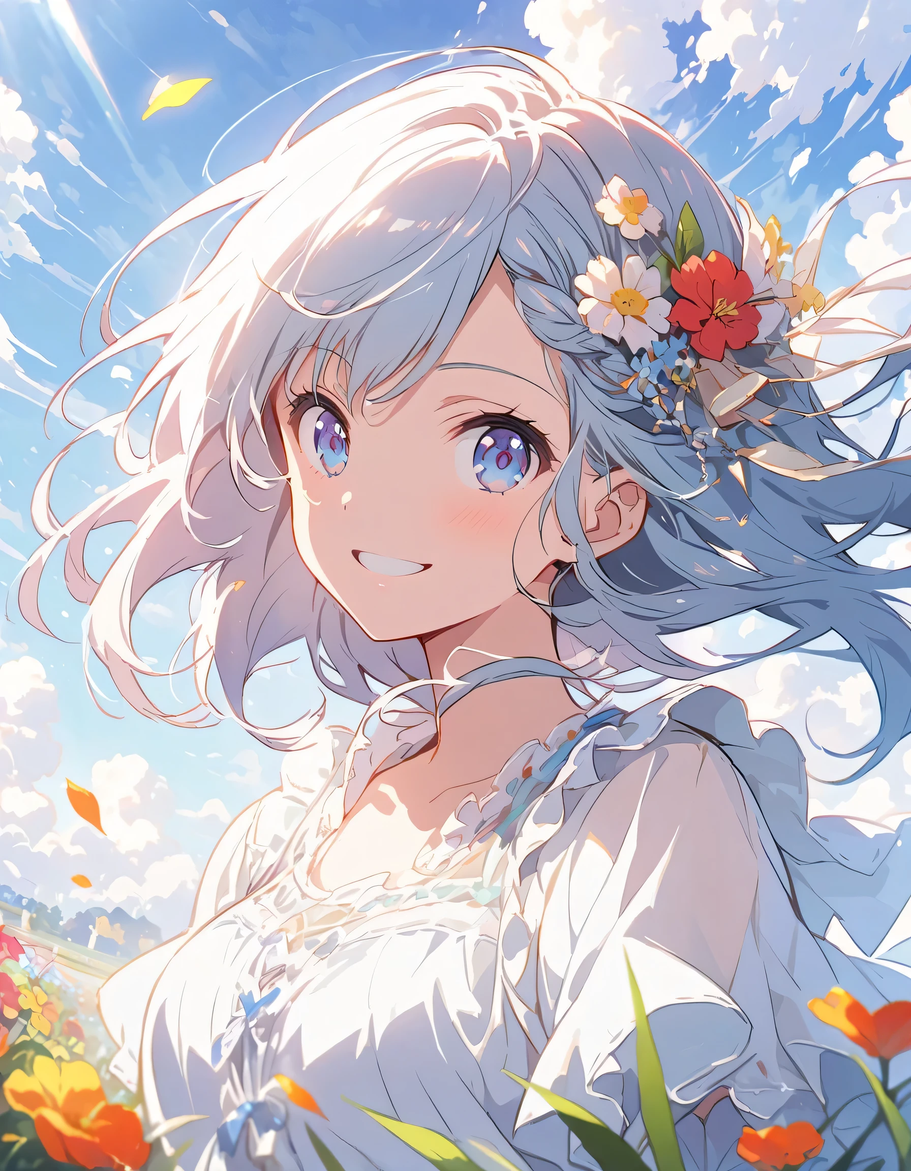 Anime girl with blue eyes and white hair in a field of flowers - SeaArt AI