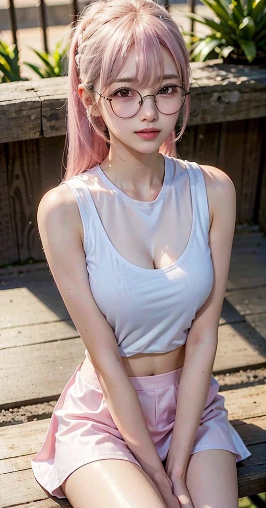 realistic, 1girl, smiling, sitting on bench, eye glasses, light pink hair, ponytailed hairstyle, silky hair, hair with bangs, skinny white shirt, sleeveless tight white shirt, cleavage revealed, micro tight skirt, shiny mini skirt, tight outfit, crouch, tight, legs, kness, white sneakers 