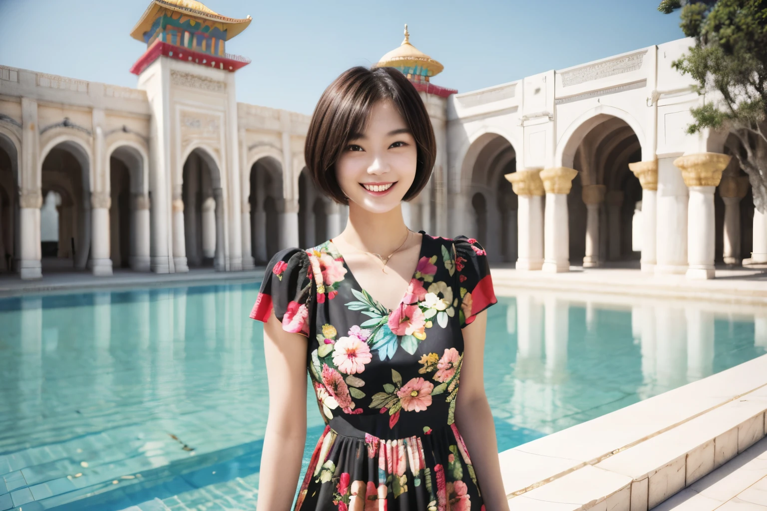 217 Short Hair, 20-year-old woman, A kind smile, Floral, (Colorful Dresses, Luxury palace)