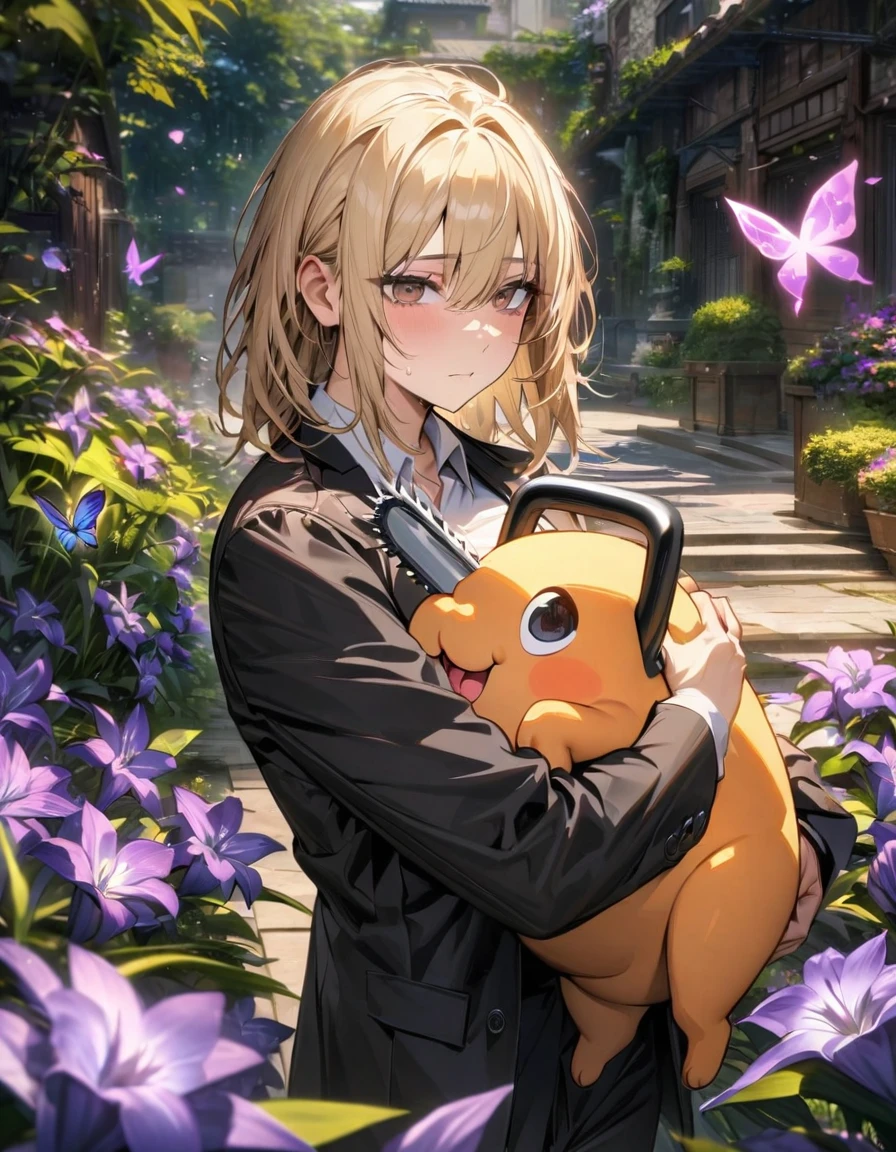 absurdres, highres, ultra detailed, HDR, master piece, best quality, Denji, blond hair, expressive brown eyes, black jacket, white shirt, Chainsaw Man, carrying Pochita, solo, man, handsome, purple shining butterflies, purple lilies, purple petals, garden
