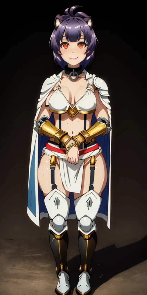 Masterpiece, (flat black background:1.2) solo, detailed face, intricate iris, thick lips, robot girl, (gold and white skin), realistic illustration of a (cyborg girl), (RED eyes), IvoryGoldAI, (freckles),(holding BREATHTAKING:1.2), (gold and white armor:1.2), (looking at viewer:1.2), parted lips, standing straight symmetrical, looking at viewer, lustful smirking smile face red blushed red cheeks, thick thighs, thigh highs, thigh, boots, armor, armored boots, full body armor, bikini armor, big breastplate, pauldron, bracers, leather black choker, tiger claws gloves, short bob white haircut, helmeted, metal shoulders, red long loincloth, longest blue cape reach to the waist, shackles and chains wristbands