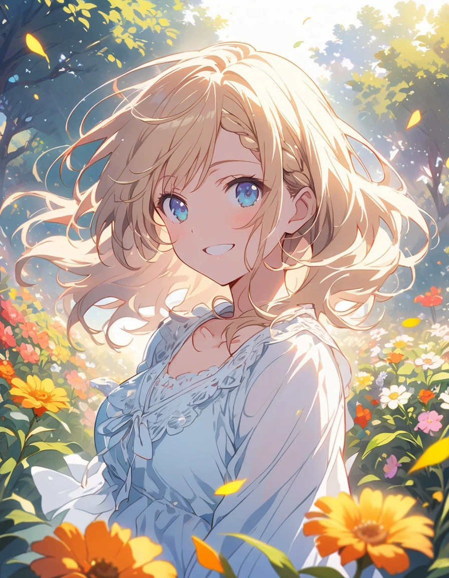 A girl in a garden,illustration,[lush foliage, vibrant flowers],(best quality,4k,8k,highres,masterpiece:1.2),ultra-detailed,realistic,portrait,soft pastel colors,natural sunlight