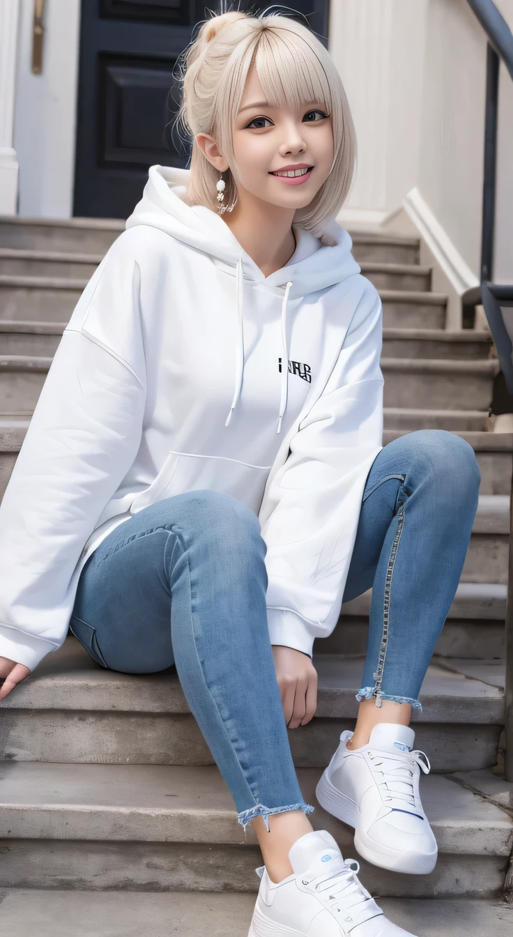 highest quality, Realistic, Very detailed, The finer details, High resolution, 8k wallpaper, One beautiful woman,Sit on the stairs、 Oversized hoodie, Skinny jeans, White sneakers,Putting on socks、Platinum Blonde Hair, hairstyle semi long、Beautiful Bangs、Ear piercing、smile、Beautiful teeth alignment、Perfect dynamic composition, Beautiful and detailed, Full Body Shot, A big smile