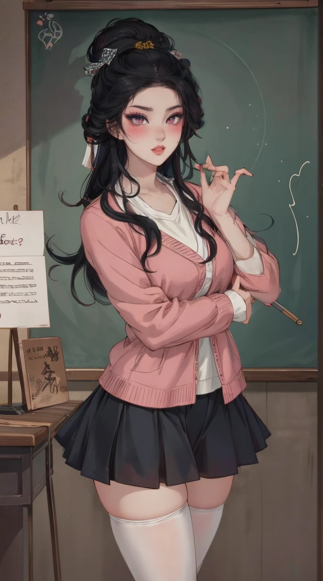 (best quality,4K,8k,high resolution,masterpiece:1.2),Super detailed,(Practical,photoPractical,photo-Practical:1.37),Nezuko Kamado,Sexy teacher,Beautiful and delicate eyes,Beautiful and delicate lips,Long eyelashes,Long black hair,fit,cleveage,Revealing clothes,Short skirt,Suggestive underwear,Confident Posture,Teaching sex education,Classroom environment,blackboard,Books and papers,Students focus on,Expression of involvement and interest,Dedicated and professional teaching,Educational posters on the wall,Bright colors,Studio Lighting,soft warm tones,Warm and welcoming atmosphere