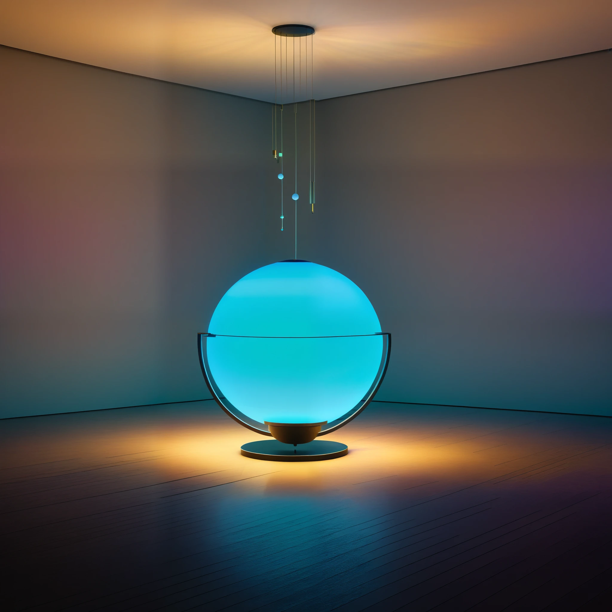 In a serene, minimalist Rothko-esque space, a solitary, color-changing Christmas orb emits soft, AI-generated drones and chimes, creating a meditative, immersive atmosphere of tranquility and introspection.