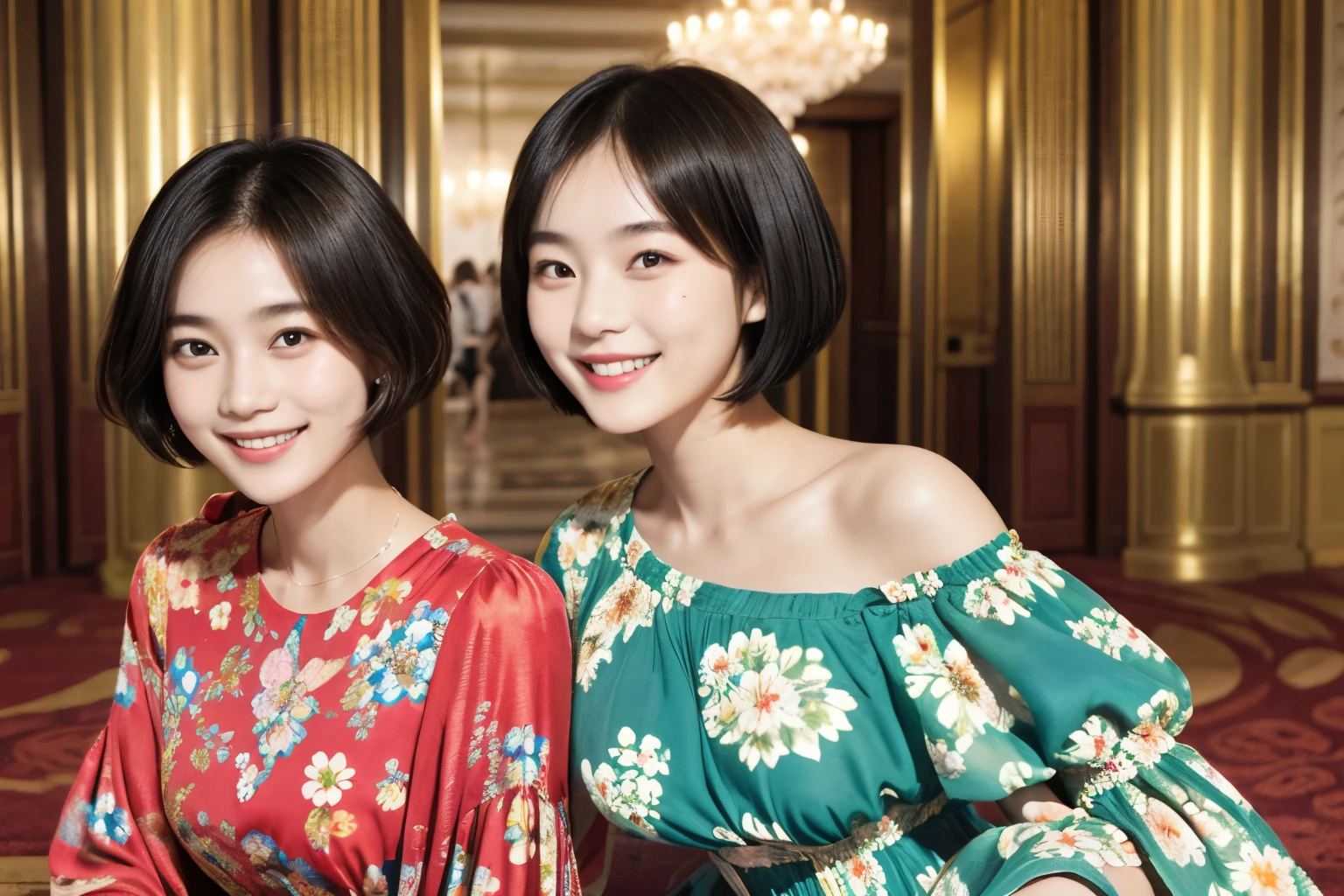 217 Short Hair, 20-year-old woman, A kind smile, Floral, (Colorful Dresses, Luxury palace)