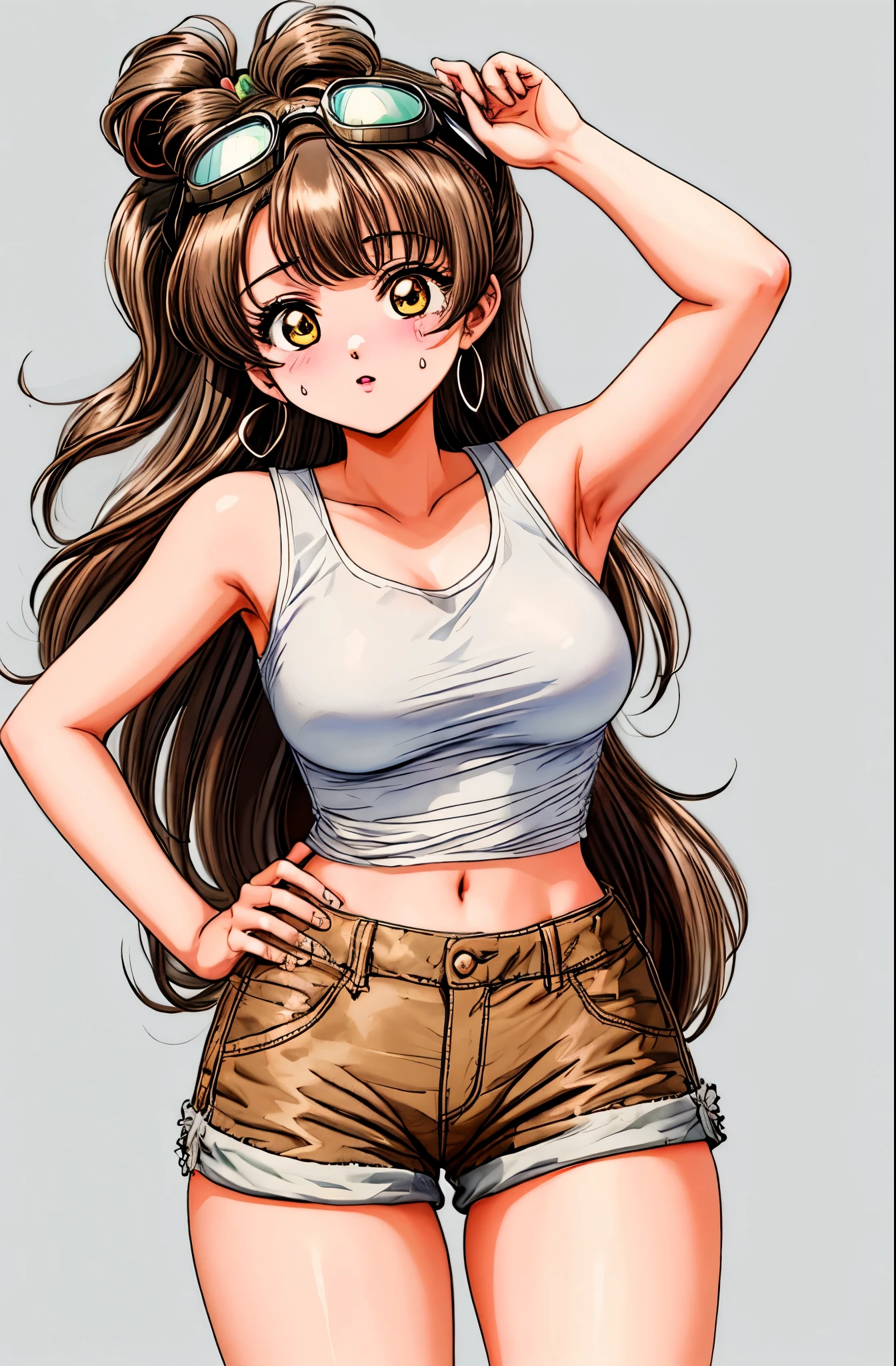 Masterpiece, best quality,solo, (cowboy shot), minami kotori, big breasts, wide hips,hand on hip,  white tank top, brown short shorts,goggles on head, ,earrings, fortune , slightly exposed midriff ,sweaty 