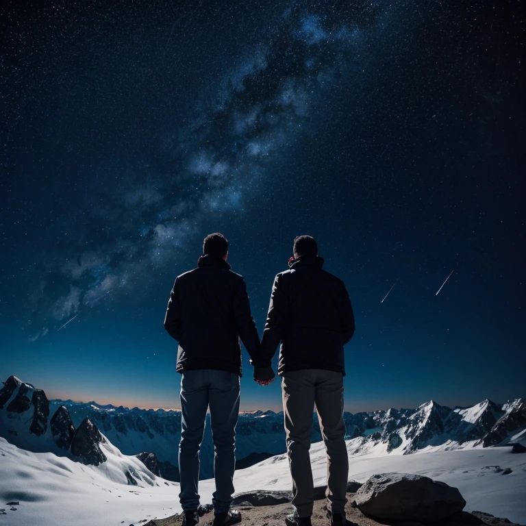 Two men hold hands on a mountain while watching the stars and the moon in the sky