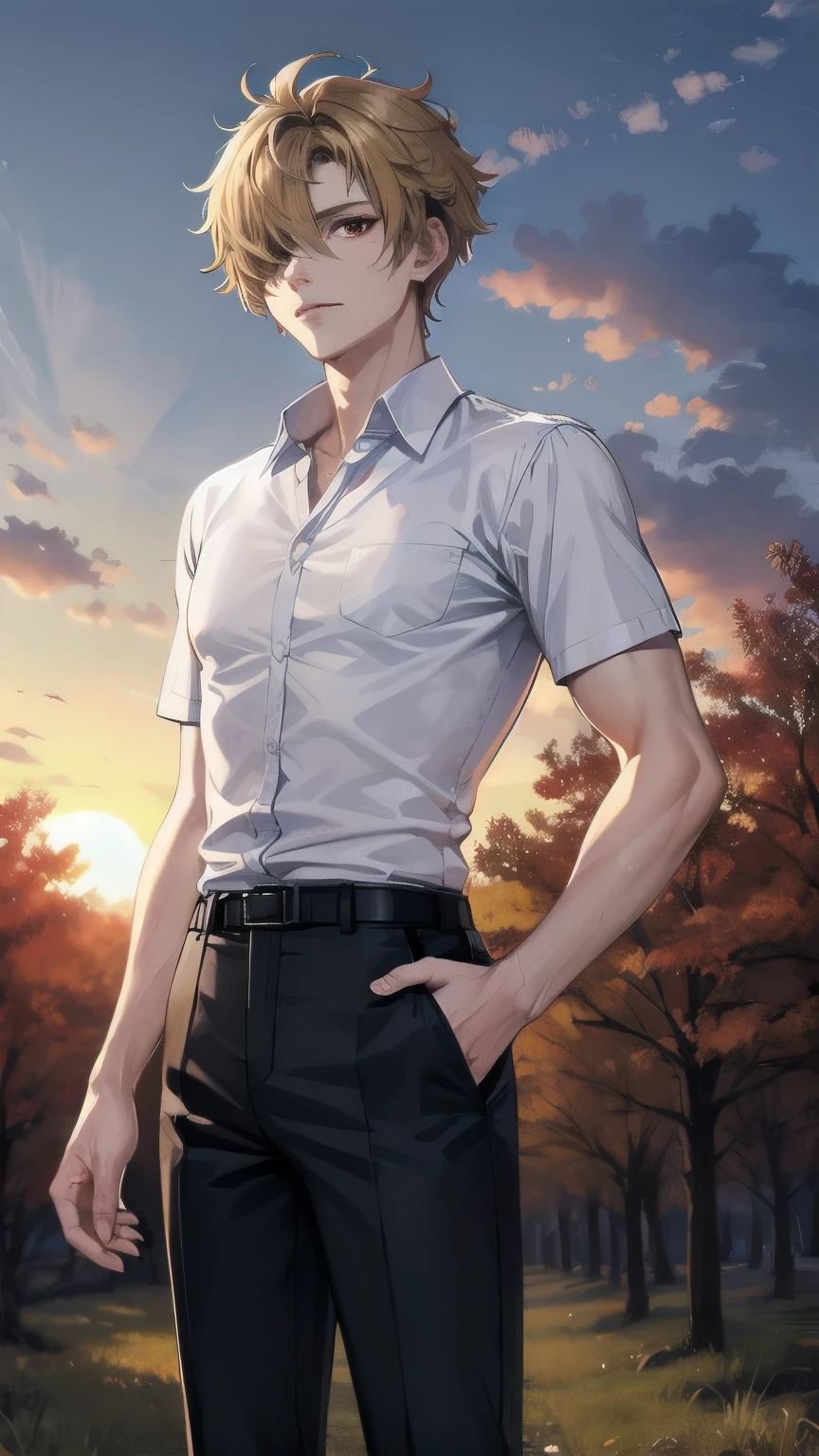 (masterpiece), best quality, hair over one eye, perfect face, mature male, (1boy, man), solo, blond hair, messy hair, muscle growth, short sleeves, white shirt BREAK black pants BREAK standing, red eyes BREAK autumn leaves, autumn forest, sunset sky, :/, outdoors 