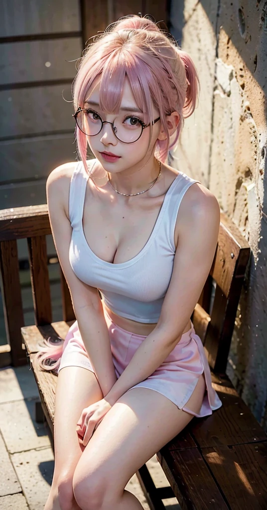 realistic, 1girl, top view, full body, smiling, sitting on bench, eye glasses, light pink hair, ponytailed hairstyle, silky hair, hair with bangs, skinny white shirt, sleeveless tight white shirt, cleavage revealed, micro tight skirt, shiny mini skirt, tight outfit, crouch, tight, legs, kness, white sneakers 