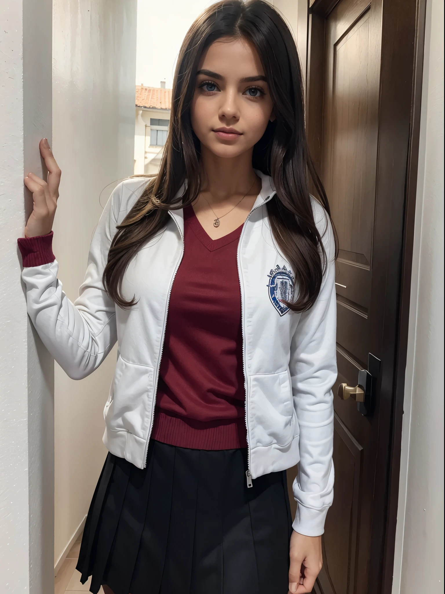 aria, 1 chica, solo, pelo largo, blue eyes, ahogo, arco, mirando al espectador, red arco, chaqueta, arcotie, mangas largas, senos, camisa, open chaqueta, red arcotie, puerta, tiro de vaquero, collared camisa, inpuertas, uniforme escolar, pelo blanco, de pie, ropa abierta, Falda, golpes, vestido, grey chaqueta, black vestido, rubor, pleated Falda, Labios partidos, medium senos, pleated vestido, white camisa, pelo entre los ojos, white chaqueta, mano arriba, chaqueta de sport, black Falda, muslos, open puerta, pasillo