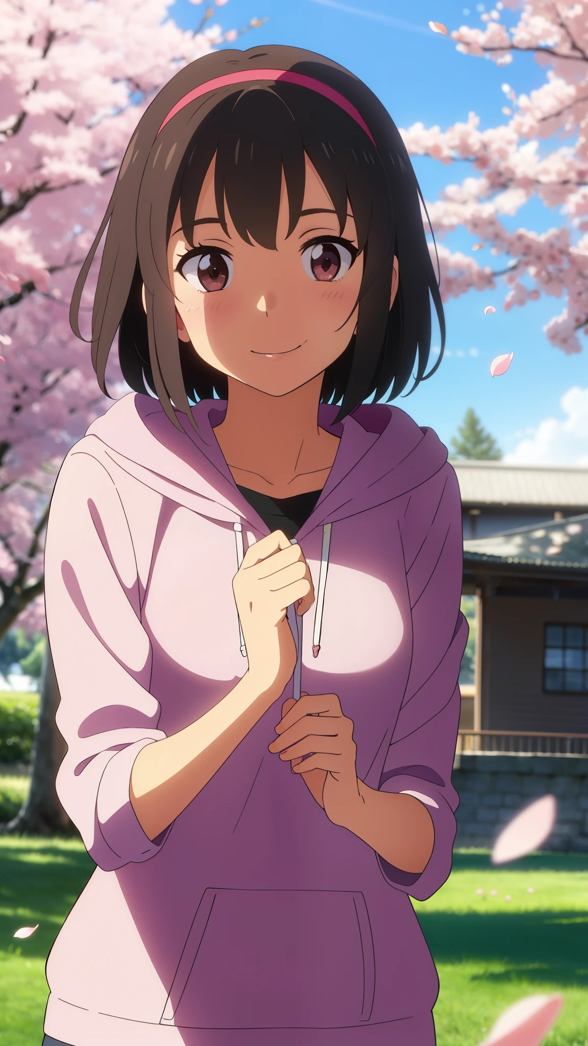 shinkai makoto, kimi no na wa., 1girl, 1boy, bangs, black hair, (boy wear hood, hoodie), ((girl wear hood, hoodie, red headband), blush, brown eyes, red ribbon, short hair, smile, cute, beautiful, love, adorable, couple, dating, looking at the viewer, cherry_blossoms, falling_petals, petals, branch, pink_flower, sky, sunlight, spring_season, wind, tree, upper body