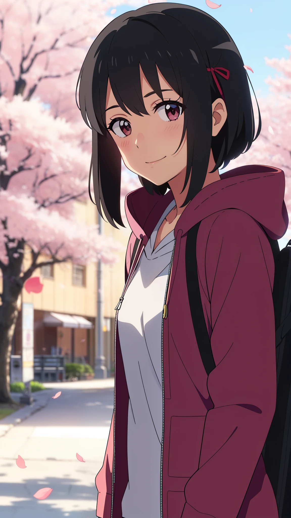 shinkai makoto, kimi no na wa., 1girl, 1boy, bangs, black hair, (boy wear hood, hoodie), ((girl wear hood, hoodie, red headband), blush, brown eyes, red ribbon, short hair, smile, cute, beautiful, love, adorable, couple, dating, looking at the viewer, cherry_blossoms, falling_petals, petals, branch, pink_flower, sky, sunlight, spring_season, wind, tree, upper body