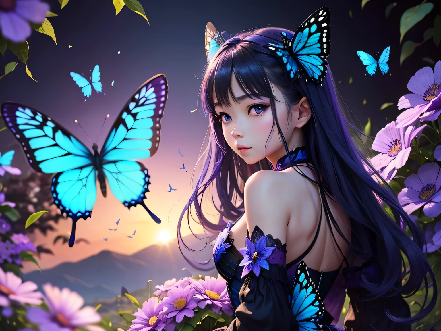 there is a blue Butterfly that is sitting on a purple flower, Butterfly, fair photo, fair nature, fair opened wings, fair black blue yellow, Flowers and Butterflies, Exquisite and handsome wings, harmony of Butterfly, with fair wings, black and blue and violet scheme, Glowing Blue Butterfly, really fair nature, Purple and blue, blue and violet, fair!!!!!!!!!