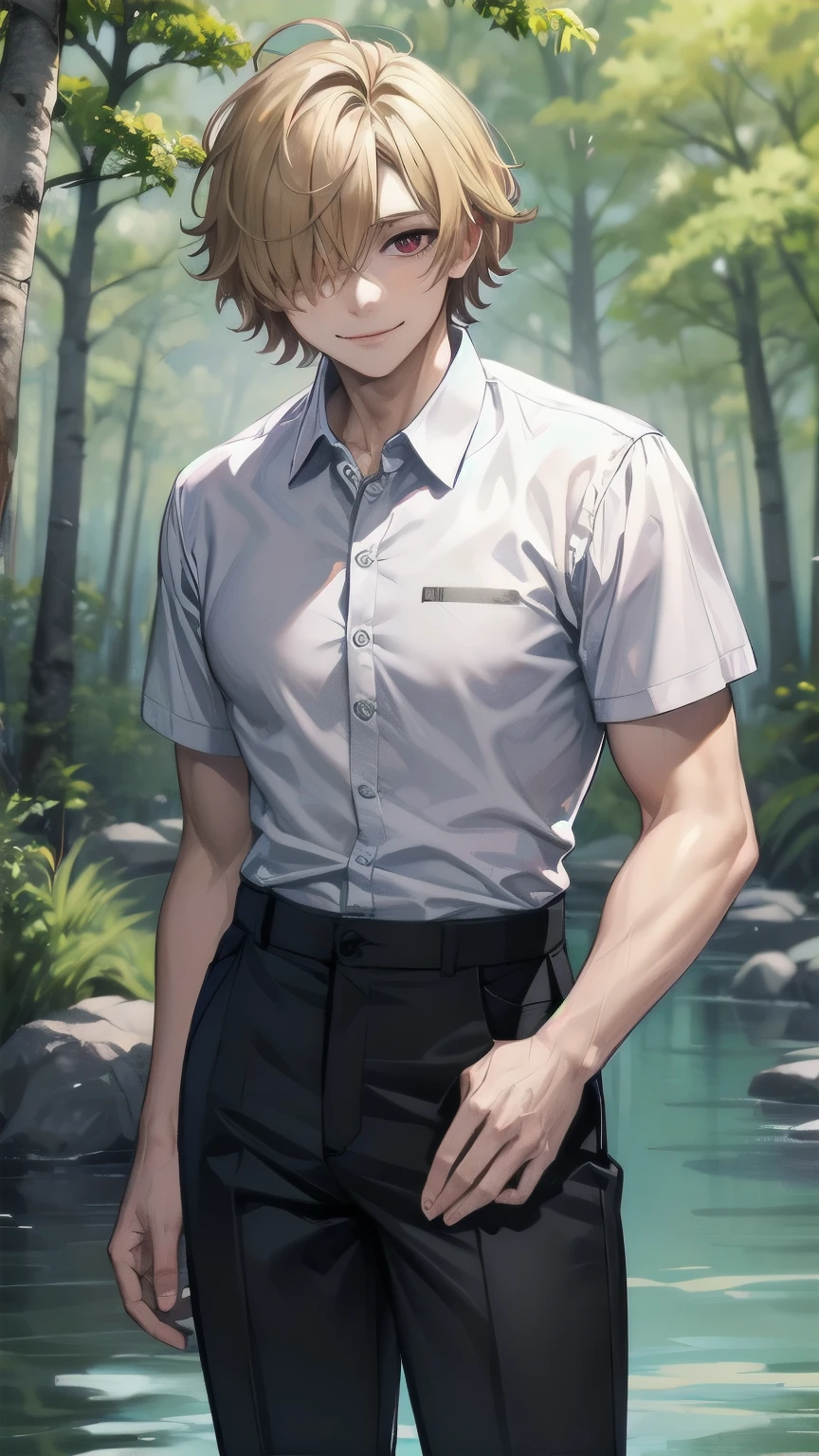 (masterpiece), best quality, hair over one eye, perfect face, mature male, (1boy, man), solo, blond hair, messy hair, muscle growth, short sleeves, white shirt BREAK black pants BREAK standing, red eyes BREAK birch tree, birch forest, lake, day, smile, looking at viewer , closed mouth, outdoors, standing, looking at viewer 
