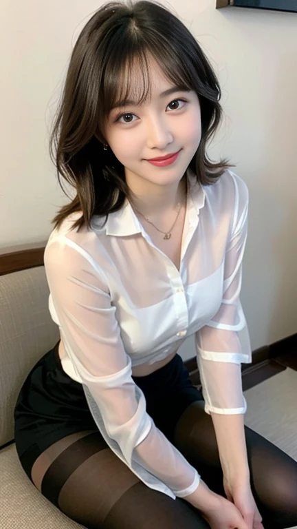 Japanese women,Ulzzang, (RAW Photos:1.2), (Photorealistic), (Genuine:1.4), (See-through:1.3), (Pieces fly),(Very realistic, High resolution, Detailed face, Beautiful Eyes), Thin woman, Age 25, Cute face, (A very loving smile:1.2)、Mr.々Popular hairstyles, Slim figure, Small breasts, Very small waist, At the office、Wearing a luxurious silk blouse、Skirt and thighs、(Ultra-realistic pantyhose:1.3), (Full Body Shot:1.15),