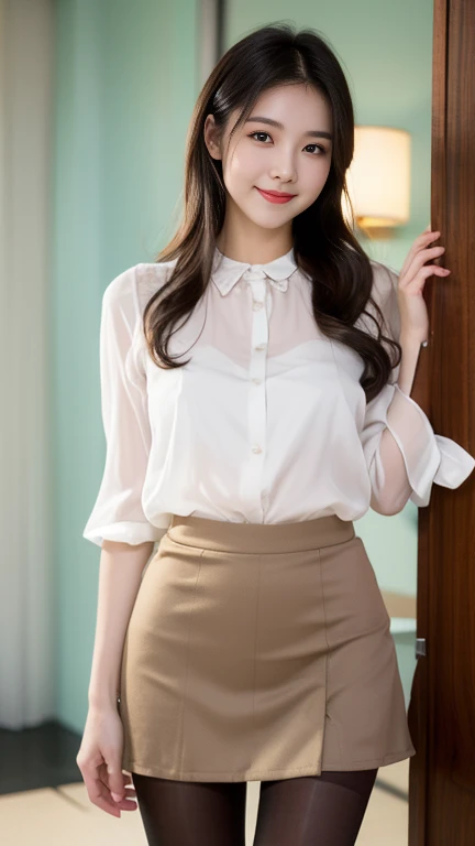 Japanese women,Ulzzang, (RAW Photos:1.2), (Photorealistic), (Genuine:1.4), (See-through:1.3), (Pieces fly),(Very realistic, High resolution, Detailed face, Beautiful Eyes), Thin woman, 5, Cute face, (A very loving smile:1.2)、Mr.々Popular hairstyles, Slim figure, Small breasy small waist, At the office、Wearing a luxurious silk blouse、Skirt and thighs、(Ultra-realistic pantyhose:1.Full Body Shot:1.15),