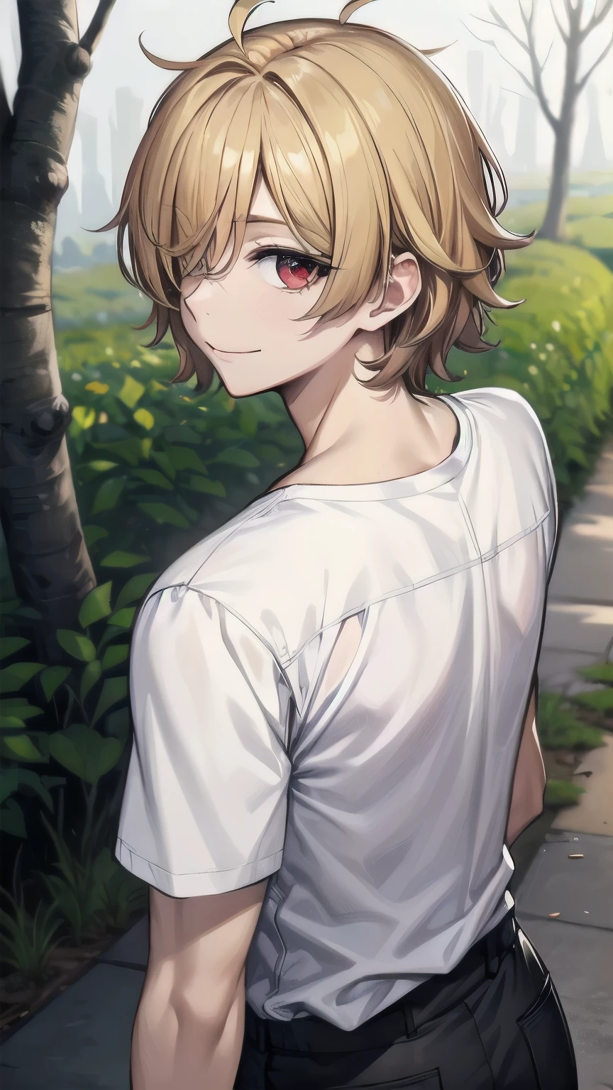 (masterpiece), best quality, hair over one eye, perfect face, mature male, (1boy, man), solo, blond hair, messy hair, muscle growth, short sleeves, white shirt BREAK black pants BREAK standing, red eyes BREAK birch tree, birch forest, lake, day, smile, looking at viewer , closed mouth, outdoors, standing, looking at viewer