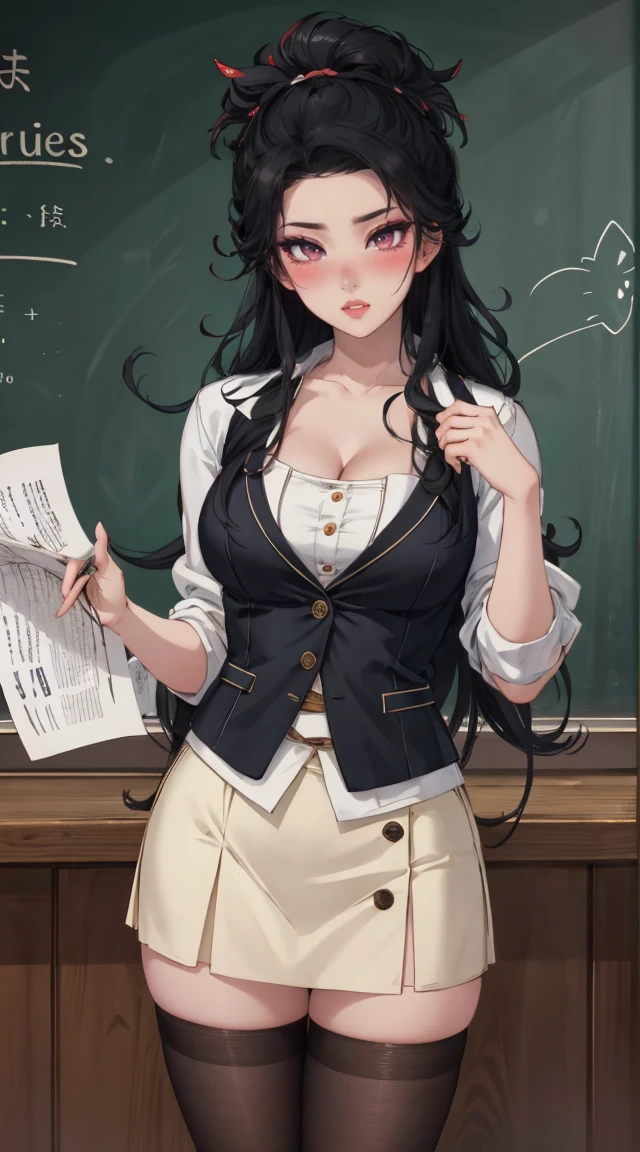 (best quality,4K,8k,high resolution,masterpiece:1.2),Super detailed,(Practical,photoPractical,photo-Practical:1.37),Nezuko Kamado,Sexy teacher,Beautiful and delicate eyes,Beautiful and delicate lips,Long eyelashes,Long black hair,Large Breasts，Showing cleavage，fit,cleveage,Revealing clothes,Short skirt,Suggestive underwear,Confident Posture,Teaching sex education,Classroom environment,blackboard,Books and papers,Students focus on,Expression of involvement and interest,Dedicated and professional teaching,Educational posters on the wall,Bright colors,Studio Lighting,soft warm tones,Warm and welcoming atmosphere