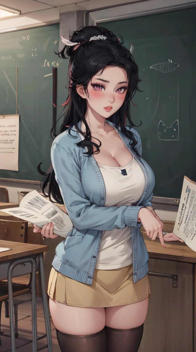 A Latina teacher naked with big boobs leaning over With hands right under her boobs No clothes