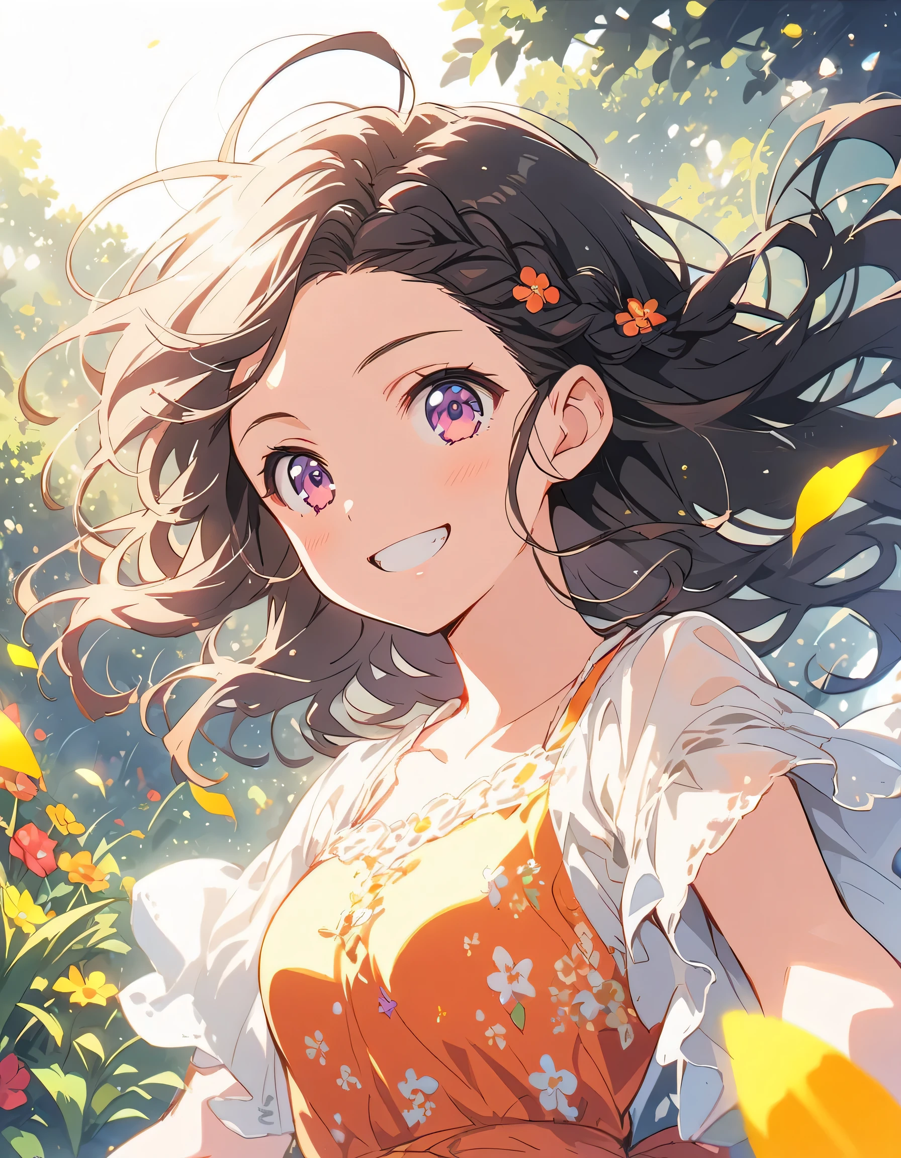 highest quality,, One girl, woman,(Smiling), Mid-chest, (bright), (western style garden), Warm spring sunshine、Braided bangs, (blouse:1.5), (I wore:0.8), nice, bloom, Floating Hair, (Dynamic pose:0.6) , Soft lighting, Flower Garden、(highest quality、masterpiece、High resolution、detailed)、anime style、Flat Style、(Shine eyes、Beautiful Face),  BREAK,1 girl、floating, (High saturation),  (Shine), extremely detailed、Dynamic Angle、anime 