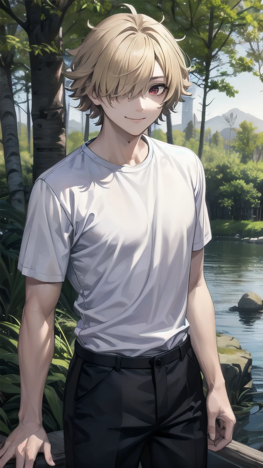 (masterpiece), best quality, hair over one eye, perfect face, mature male, (1boy, man), solo, blond hair, messy hair, muscle growth, short sleeves, white shirt BREAK black pants BREAK standing, red eyes BREAK birch tree, birch forest, lake, day, smile, looking at viewer , closed mouth, outdoors, standing, looking at viewer