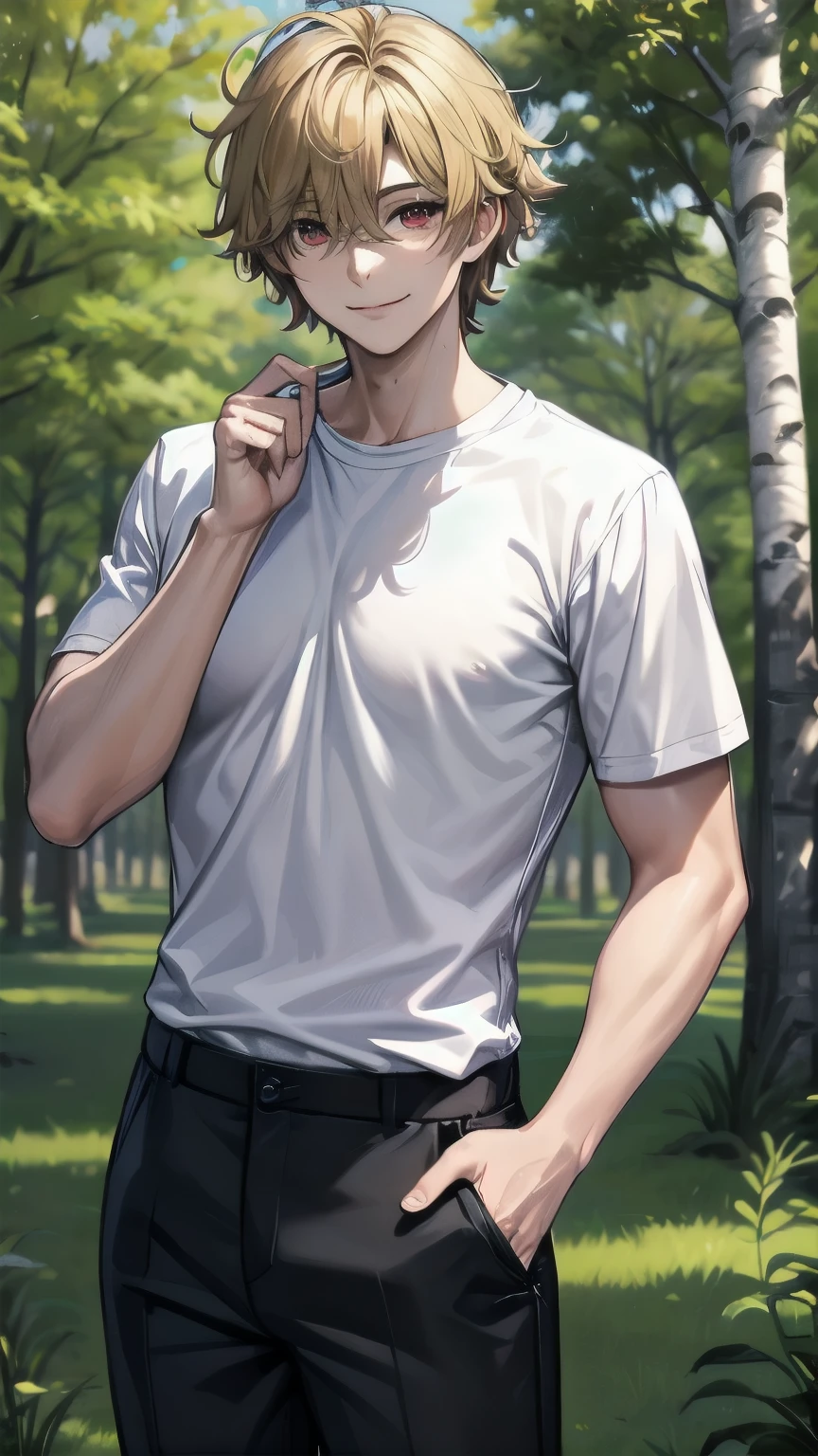 (masterpiece), best quality, hair over one eye, perfect face, mature male, (1boy, man), solo, blond hair, messy hair, muscle growth, short sleeves, white shirt BREAK black pants BREAK standing, red eyes BREAK birch tree, birch forest, lake, day, smile, looking at viewer , closed mouth, outdoors, standing, looking at viewer