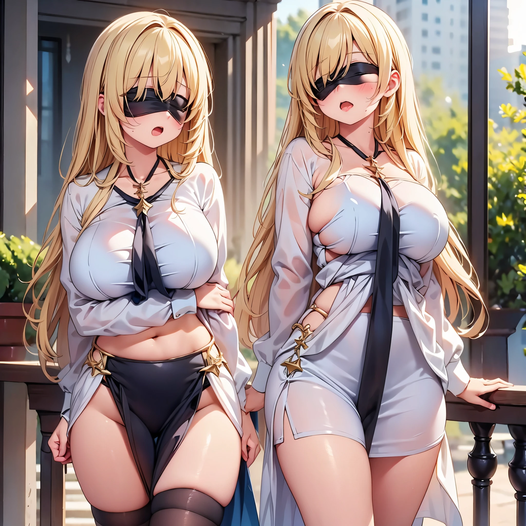 highest quality,wonderful,finely,extremely detailed CG Unity 8K wallpaper, (Stand in line:1.2), (3 girls, blonde, clothed), (huge breasts:1.2), (Underboob:1.2),(open mouth:1.1), (long tongue:1.1), (mouth drool:1.1), (black stockings:1.1),(Thighs:1.2),(Waistline:1.2),(black blindfold, blindfold:1.5)