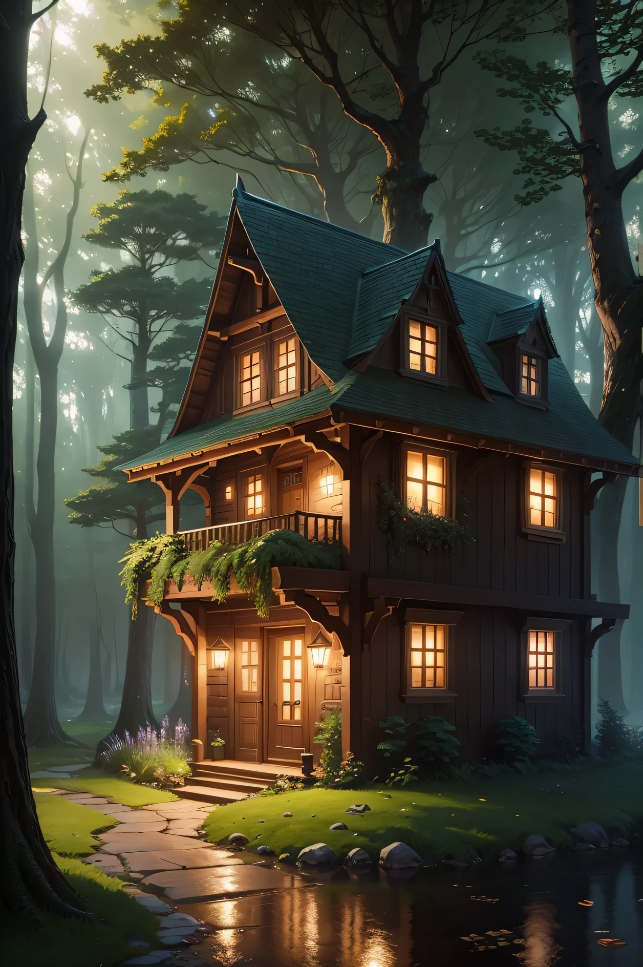 Night scene of houses and path in the forest, Beautiful fairy tale, realistic fantasy render, Dream cottage, inspired ByAndreas Rocha, Andreas Rocha style, Comfortable and charming scene, fantasy render, drawn by andreas rocha, Andreas Rocha's style, Fantasy 3D Rendering, ByAndreas Rocha, Fantasy Very Detailed
