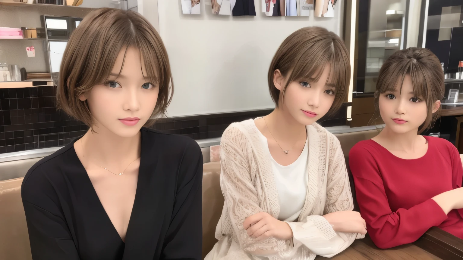 super high quality, Fashion Model, short hair, thin, (8k、RAW Photos、highest quality、masterpiece:1.2), One Japanese idol, Serious expression, Shaggy, Brown Hair, Inside a stylish cafe, Fashion magazine shooting, People having fun at the cafe々Bustling with., (Realistic、Realistic:1.37), Beautiful Face , Normal chest, Urban Cafe, A gentle gaze, Spring Clothes, Dress neatly, Neat clothes