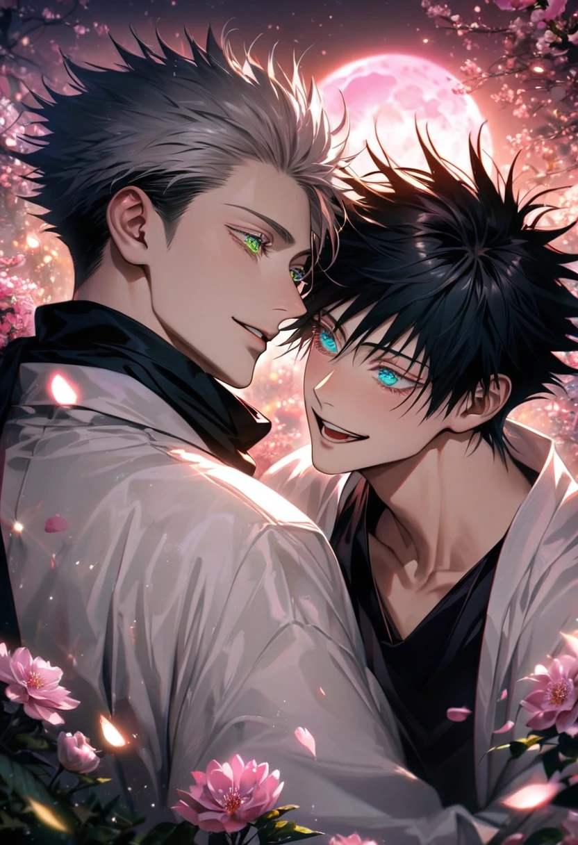 Ultra detailed, highres, absurdres, HDR, master piece, Fushiguro Megumi, black hair, green expressive eyes, Gojou Satoru, white hair with bangs, blue expressive eyes, white eyelashes, Jujutsu Kaisen, pink flowers, petals, glittering fireflies, pink moon, 2 sexy men together, gay couple, handsome, very detailed face and eyes, black scarf, white haori, love, happy, glittering eyes, realistic face,