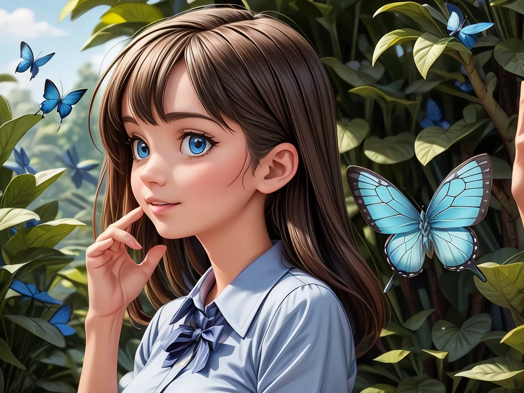 "(best quality,ultra-detailed),A girl with a tattoo of a blue butterfly, a large blue butterfly perched on her finger,illustration,vivid colors,soft lighting,close-up,beautiful detailed eyes,beautiful detailed lips"