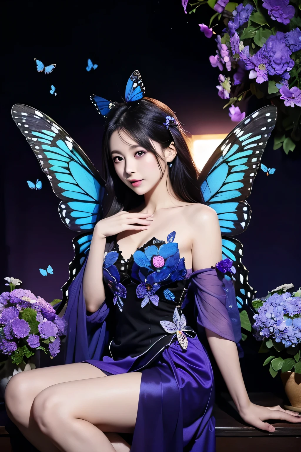 there is a blue Butterfly that is sitting on a purple flower, Butterfly, fair photo, fair nature, fair opened wings, fair black blue yellow, Flowers and Butterflies, Exquisite and handsome wings, harmony of Butterfly, with fair wings, black and blue and violet scheme, Glowing Blue Butterfly, really fair nature, Purple and blue, blue and violet, fair!!!!!!!!!