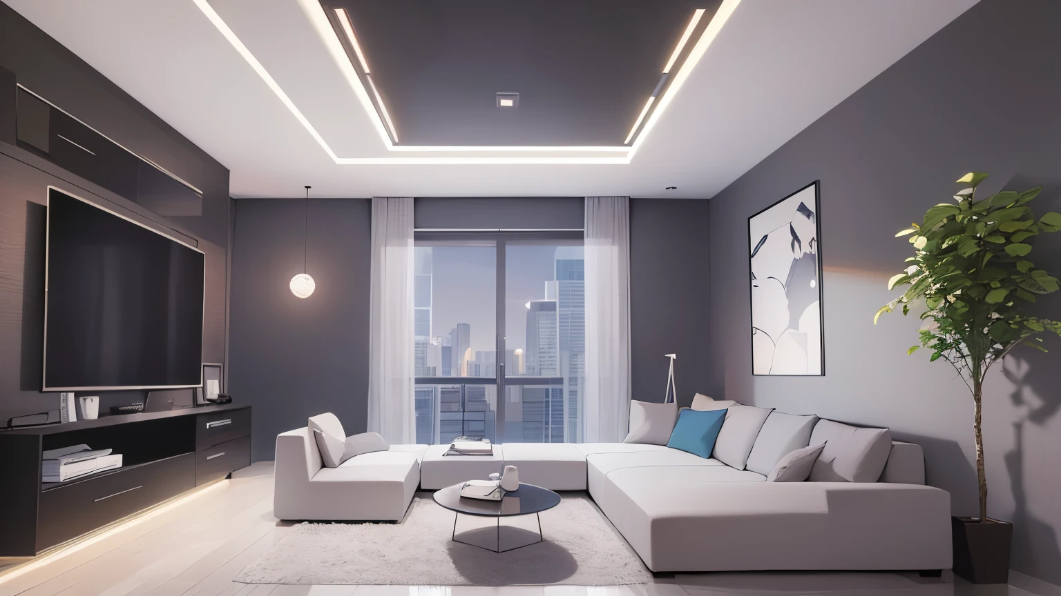The background is the living room、table、sofa、ceiling、window、wall、tv set