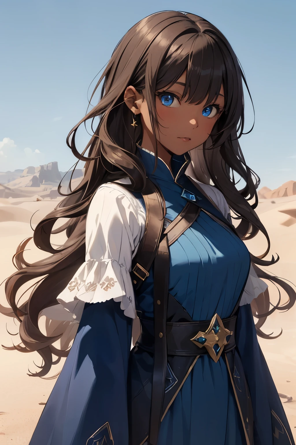Light dark skin girl with long wavy brown hair with bangs and blue eyes wearing a blue mage outfit in a desert.