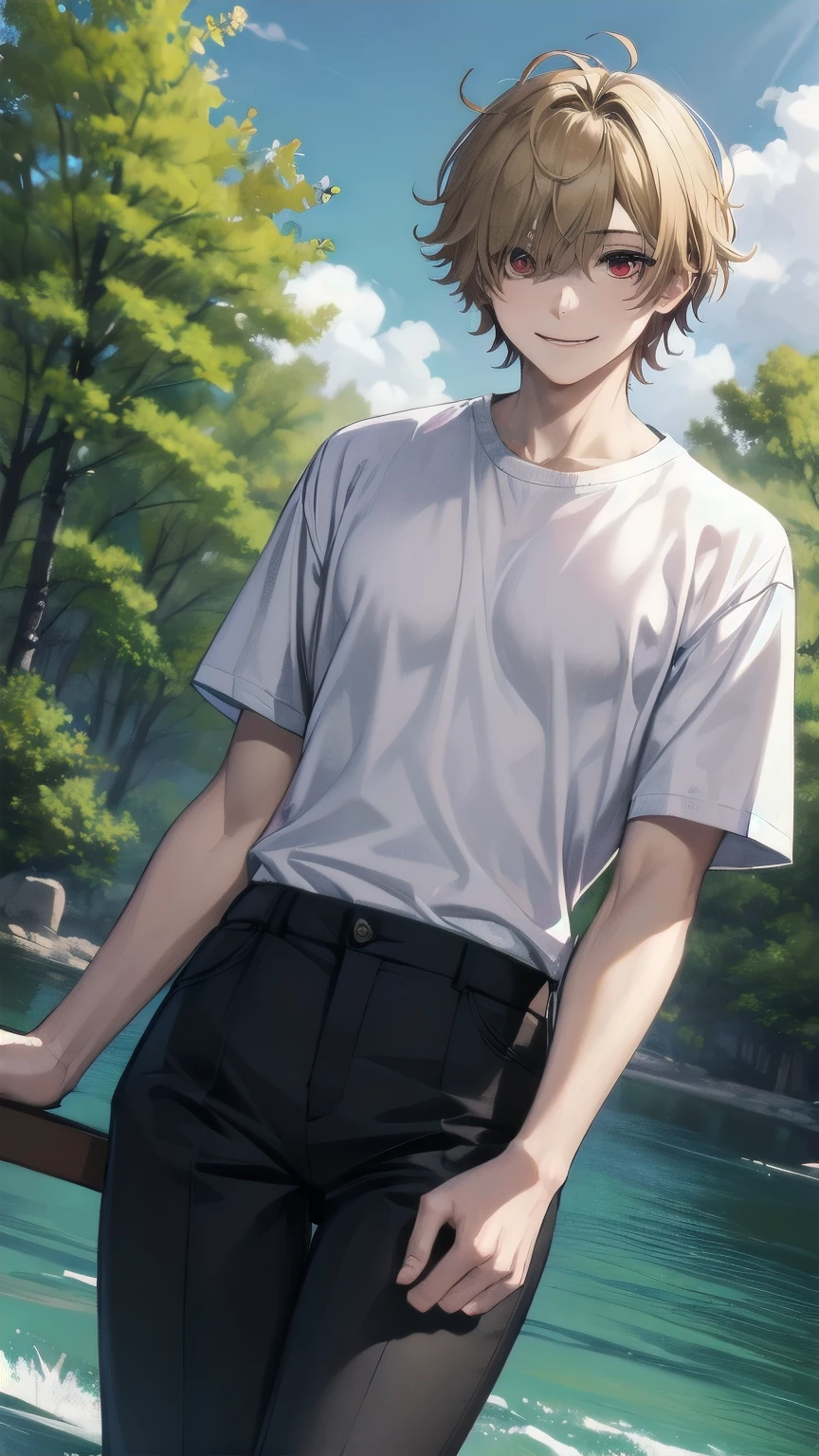 (masterpiece), best quality, hair over one eye, perfect face, mature male, (1boy, man), solo, blond hair, messy hair, muscle growth, short sleeves, white shirt BREAK black pants BREAK standing, red eyes BREAK birch tree, birch forest, lake, day, smile, looking at viewer , closed mouth, outdoors, standing 
