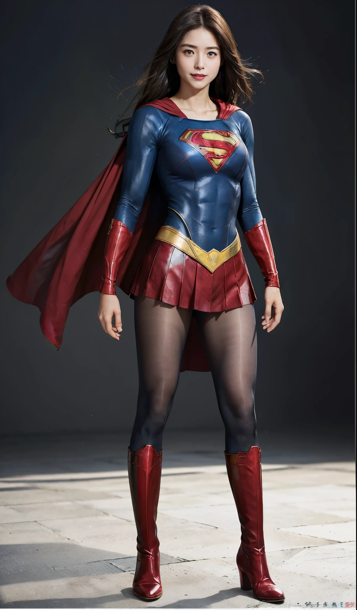 No background、(((Beautiful legs in black tights.)))、(((Legally express the beauty of your smile)))、((((Make the most of your original images)))、(((Supergirl Costume)))、(((Beautiful Hair)))、(((suffering)))、(((Please wear black tights....、Wear red boots)))、((Best image quality、8k))、((highest quality、8k、masterpiece:1.3))、(((Preserve background )))、Sharp focus:1.2、Beautiful woman with perfect figure:1.4、Slim Abs:1.2、Wet body:1.5、Highly detailed face and skin texture、8k