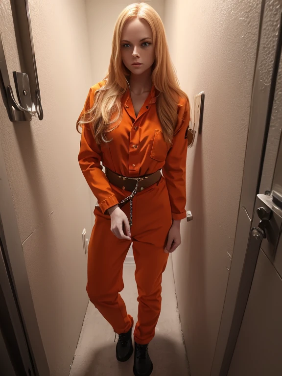 Beautiful young white girl wearing an orange prison jumpsuit, long wavy blonde hair, Hands are handcuffed, tight black belt, pale skin tone, orange jumpsuit, (thin girl: 1.5), jail, inmate, black boots, transport belt, side swept hair, standing still, long sleeves, beautiful blue eyes, model pose, hands are handcuffed and tied to her transport belt, inside a prison cell, looks at the viewer, serious look, full body, beautiful young face 