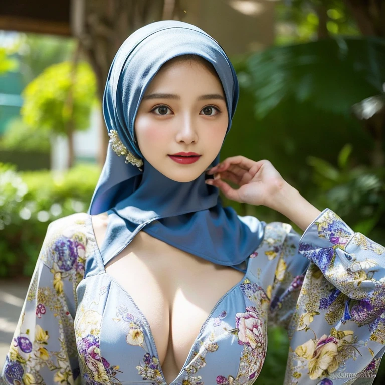 Best quality, masterpiece, realistic photos, intricate details, original photos, wearing super tranparant floral gamis,no bra the breasts are clearly visible in detail and the nipples are clearly visible in detail (cleavage cutout)ultra-detailed, detailed faces, detailed skins, 8k masterpieces, cinematic lighting, ((1girl)), ((solo)), firm push-up breasts, modest breasts, slim and slender body, long hijab, eid mubarak in malay village, half body