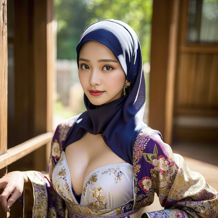 Best quality, masterpiece, realistic photos, intricate details, original photos, wearing super tranparant floral gamis,no bra the breasts are clearly visible in detail and the nipples are clearly visible in detail (cleavage cutout)ultra-detailed, detailed faces, detailed skins, 8k masterpieces, cinematic lighting, ((1girl)), ((solo)), firm push-up breasts, modest breasts, slim and slender body, long hijab, eid mubarak in malay village, half body