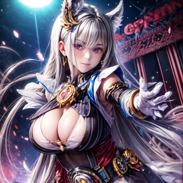 Realistic, One girl, Gray Hair, Purple eyes, Glowing Eyes, Crop top, Tight gold suit、Frilled Skirt, Lips parted, blush, night, Flowers, sun, sunlight,、Camel Toe、Giant tit、Nipple Puffs、Cleavage、Plump、Super big breasts、Super big butt、、Transformation bracelet, transformation belt、Transform、effect、Earrings、Earrings、necklace、Thick lips、Heterochromia、Bracelet、Caster wheel、first round、Hair Charm、Lip glosoonlight points、Golden Warrior、Shining Golden、Cowboy Shot、Super big breasts、Super big breasts、A chest that&#39;s about to burst、Poitrin、As long as there is love, let&#39;s fight until our lives burn out、Do you see it from below?？、Embarrassed