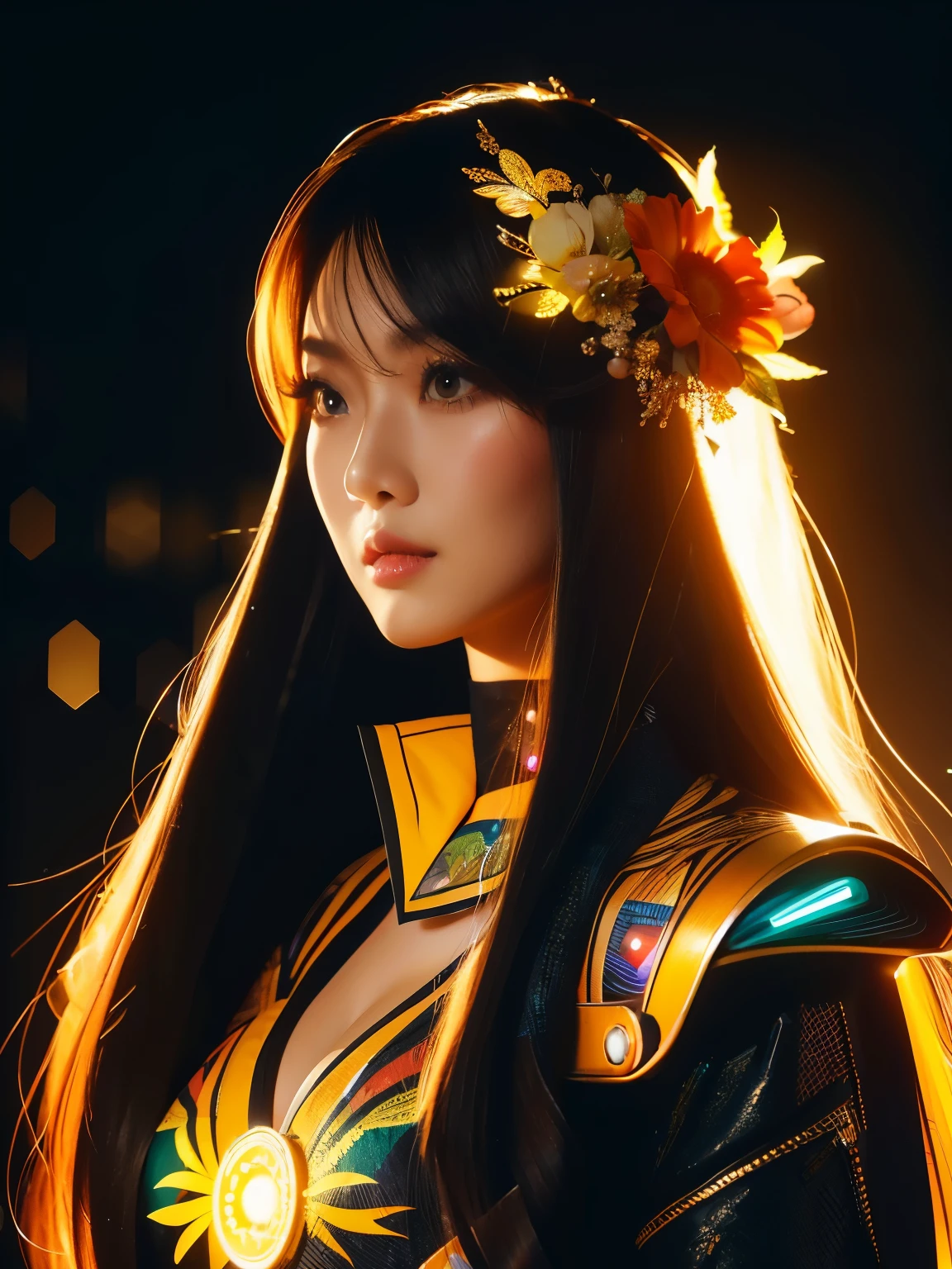 (high quality), (masterpiece), (detailed), 8K, Hyper-realistic digital illustration depicts the (upper body1.3) of a (Japanese woman1.3) with (vibrant yellow hair1.5) and (intense yellow eyes1.5) wearing a (futuristic kebaya1.2) with (intricate batik patterns1.2) inspired by Indonesian culture. Her (fantasy outfit1.2) is adorned with (glowing accents1.2) and (neon lights1.2), reflecting the modern and futuristic atmosphere. In style of Ash Thorp, trending on DeviantArt.