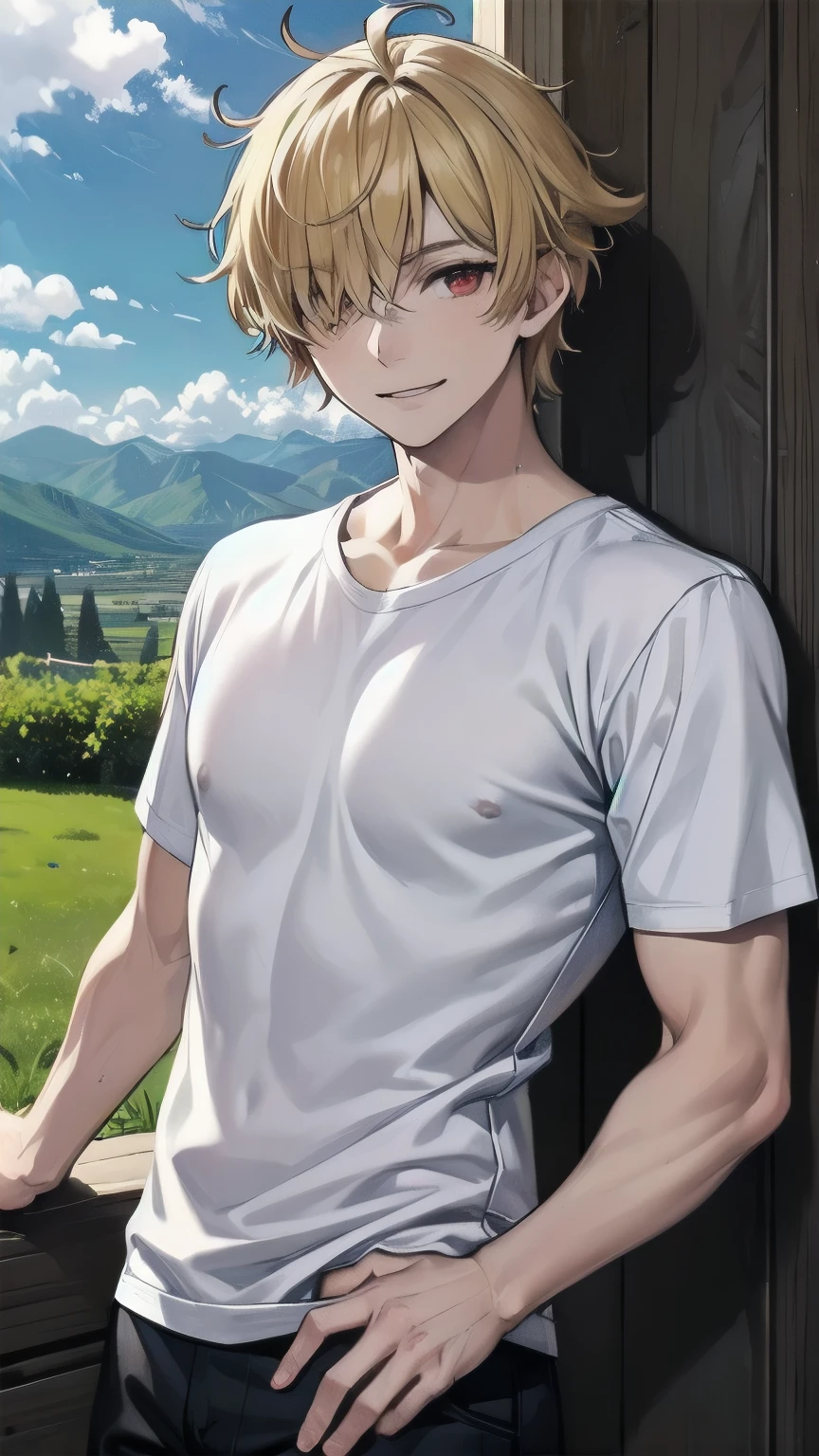 (masterpiece), best quality, hair over one eye, perfect face, mature male, (1boy, man), solo, blond hair, messy hair, muscle growth, short sleeves, white shirt BREAK black pants BREAK standing, red eyes BREAK bush, grass, mountains, blue sky, day, smile, looking at viewer , closed mouth,