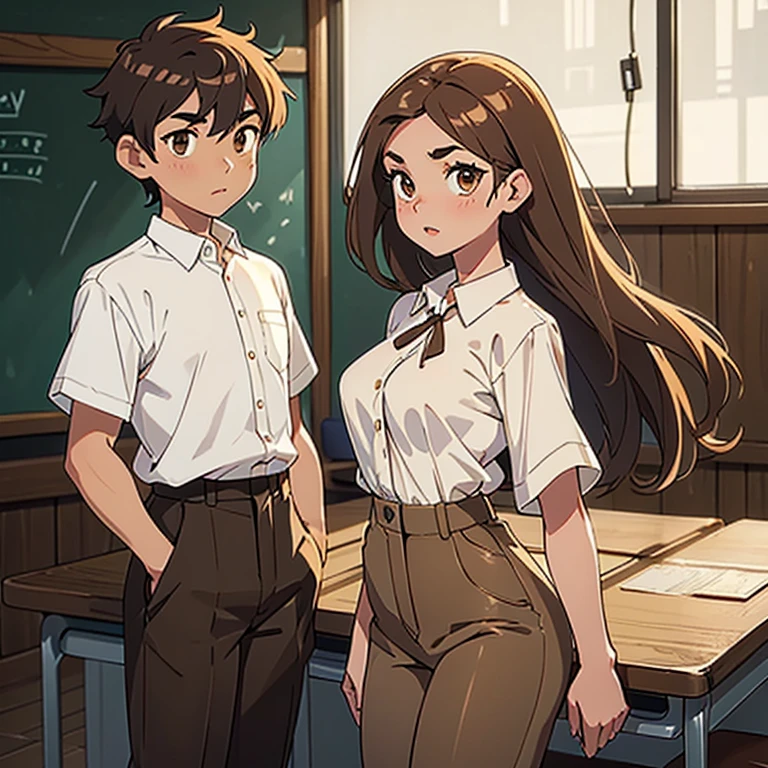 A girl and a boy, Third plane a young girl, white mask, A beautiful slim figure, small breasts, beautiful figure painting, hair Brown and long, thick lips, medium eyebrows, light brown eyes, Wearin A short-sleeved button-down shirt, and a long light brown skirt, Third plane a boy, white mask,A beautiful slim figure, beautiful figure painting, hair Brown and short, medium eyebrows, brown eyes,Wearing a white button down shirt Short sleeve , and a long light brown pants, in a classroom