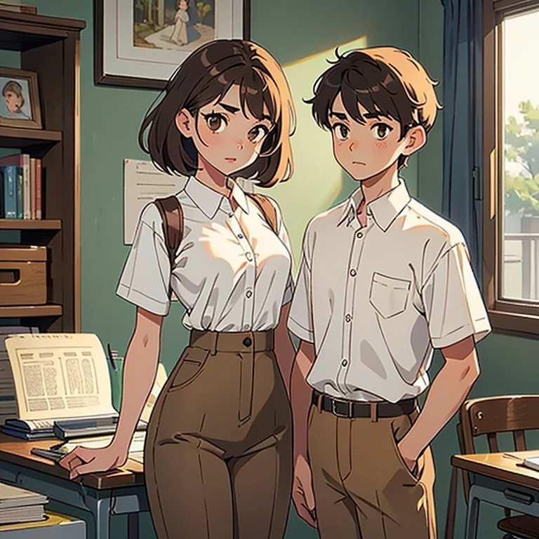 A girl and a boy, Third plane a young girl, white mask, A beautiful slim figure, small breasts, beautiful figure painting, hair Brown and long, thick lips, medium eyebrows, light brown eyes, Wearin A short-sleeved button-down shirt, and a long light brown skirt, Third plane a boy, white mask,A beautiful slim figure, beautiful figure painting, hair Brown and short, medium eyebrows, brown eyes,Wearing a white button down shirt Short sleeve , and a long light brown pants, in a classroom