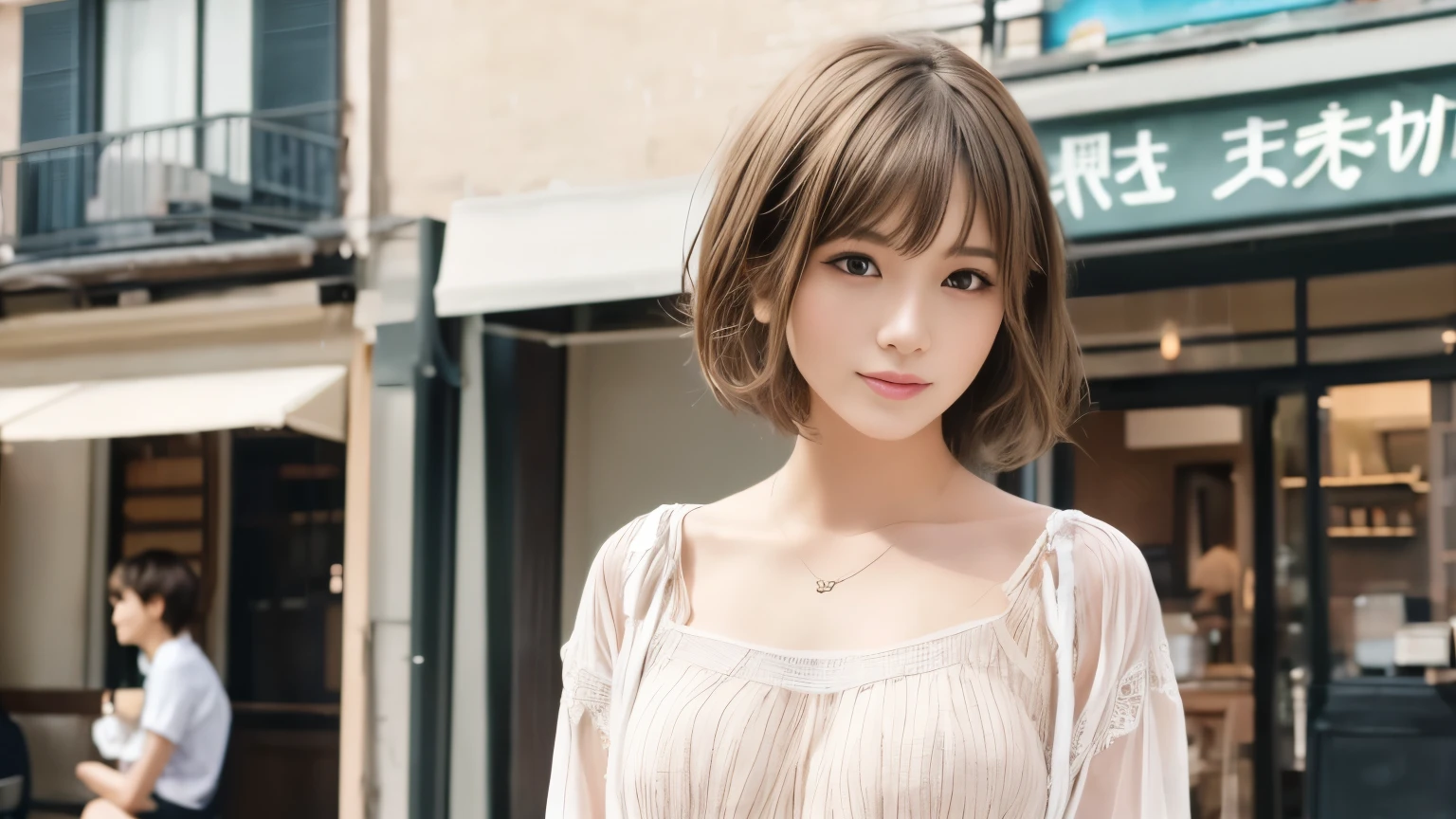 super high quality, Fashion Model, short hair, thin, (8k、RAW Photos、highest quality、masterpiece:1.2), One Japanese idol, Serious expression, Shaggy, Brown Hair, Inside a stylish cafe, Gravure photoshoot in a cafe, People having fun at the cafe々Bustling with., (Realistic、Realistic:1.37), Beautiful Face , Normal chest, Urban Cafe, A gentle gaze, Spring Clothes, Dress neatly, Neat clothes