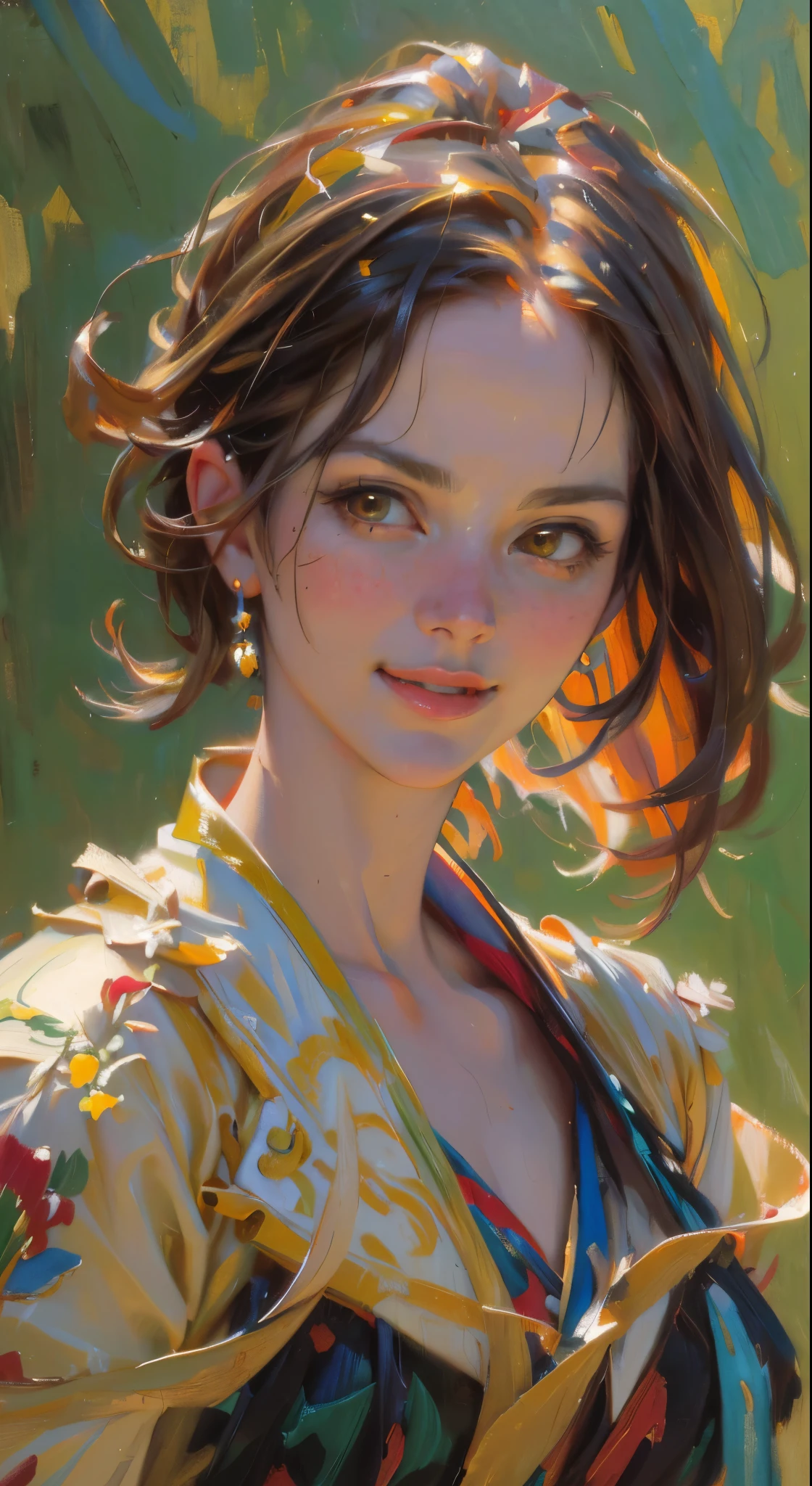 Oil painting, large brushstrokes, (best quality,4k,8k,highres,masterpiece:1.2),ultra-detailed,(realistic,photorealistic,photo-realistic:1.37),illustration, attractive woman, humble smile, perfect body, feminine, cute and playful pose, vibrant, expressive, inspired by smeglejj, bright colorful brilliant