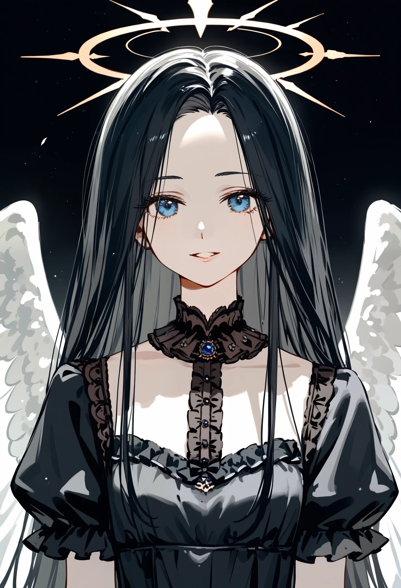 masterpiece, T-ponyai3 style, zoom out, score_9, score_8_up, score_7_up, portrait, 1girl, solo, black hair, long hair, parted bangs, dark blue eyes, small smile, glad, parted lips, innexpressive, pale skin, small breasts, upper body, victorian fashion, black dress, frilled dress, short sleeves, white wings, halo over head, black background, best quality