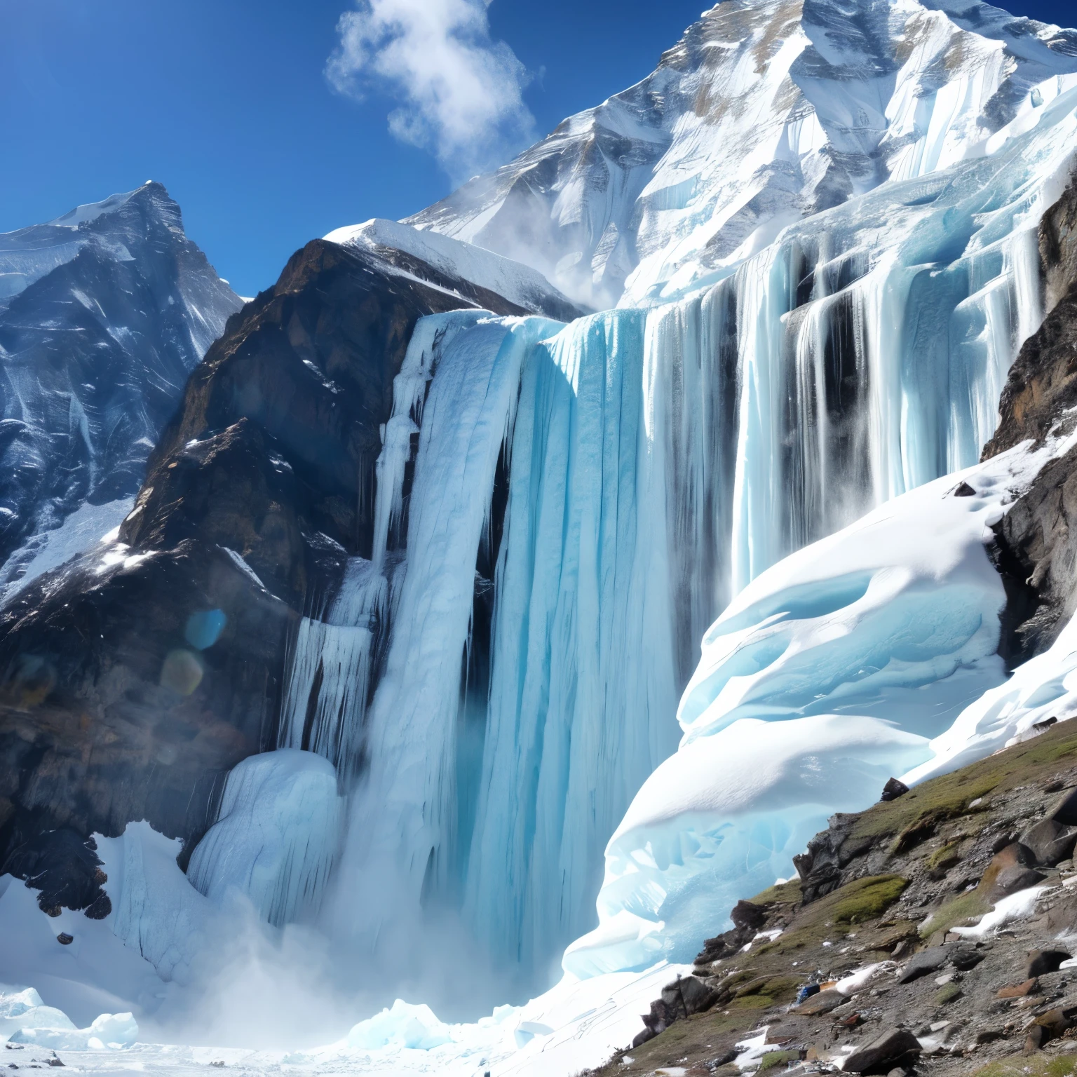 Everest tributaries、A huge waterfall completely frozen、Ice looming before our eyes、、Close-up image。