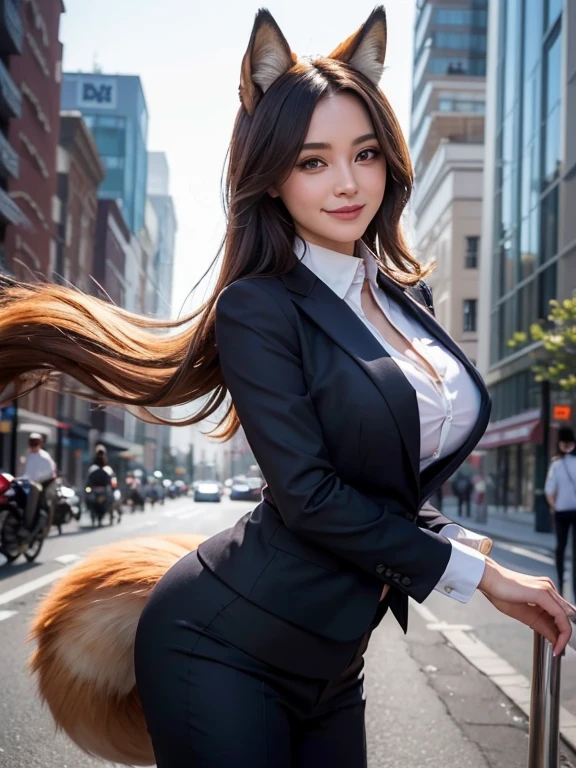 ((highest quality, 32k)), ((masterpiece)), (Get used to it), Perfect Face, Fox Girl, Beautiful woman, public, There is a tail, she has a fox tail, She wags her fluffy tail, smile, collar, She wears a business suit, Beautiful hip line, A tail sticking out from a business suit, Big Breasts